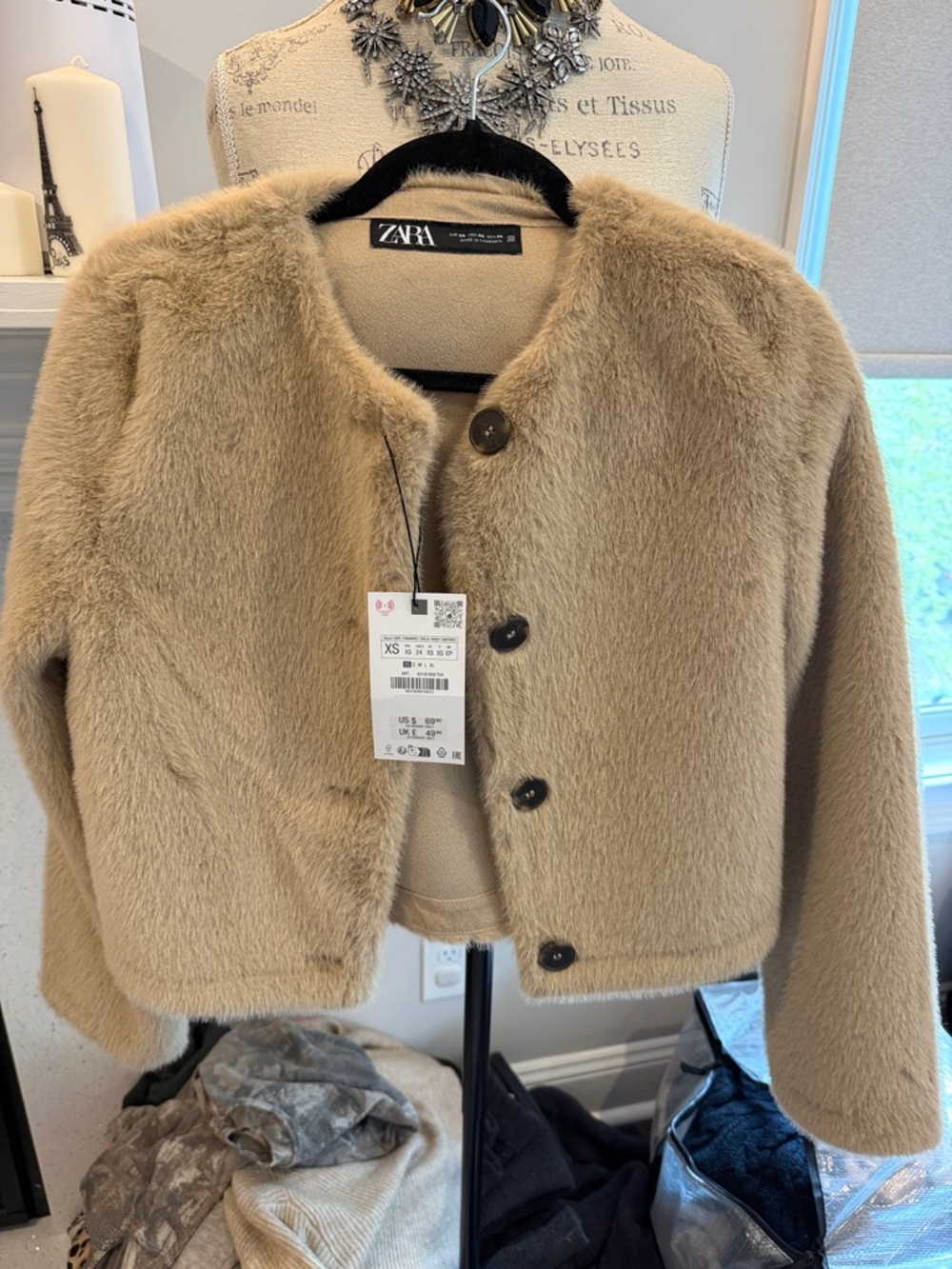Zara Plush Cropped Coat in Tan